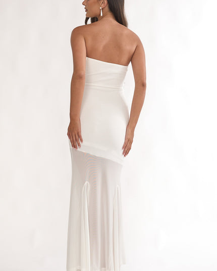 White Strapless Sheer Godet Hem Maxi Dress