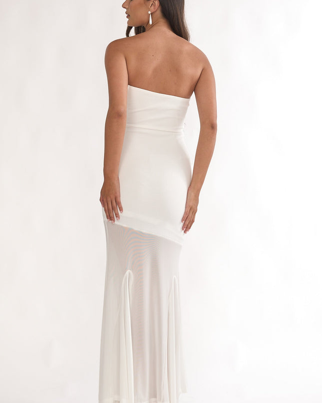 White Strapless Sheer Godet Hem Maxi Dress