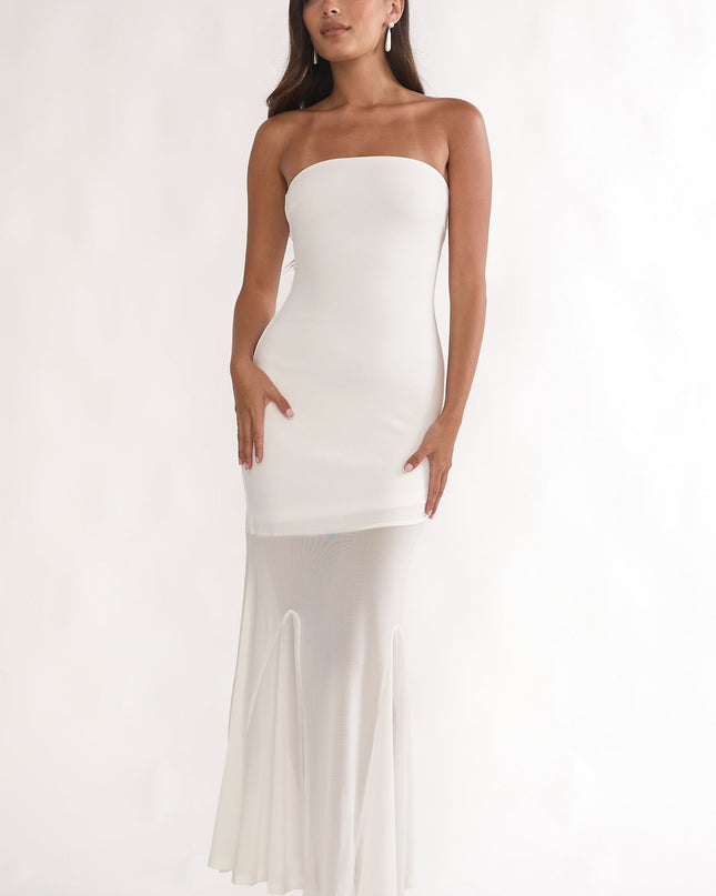 White Strapless Sheer Godet Hem Maxi Dress