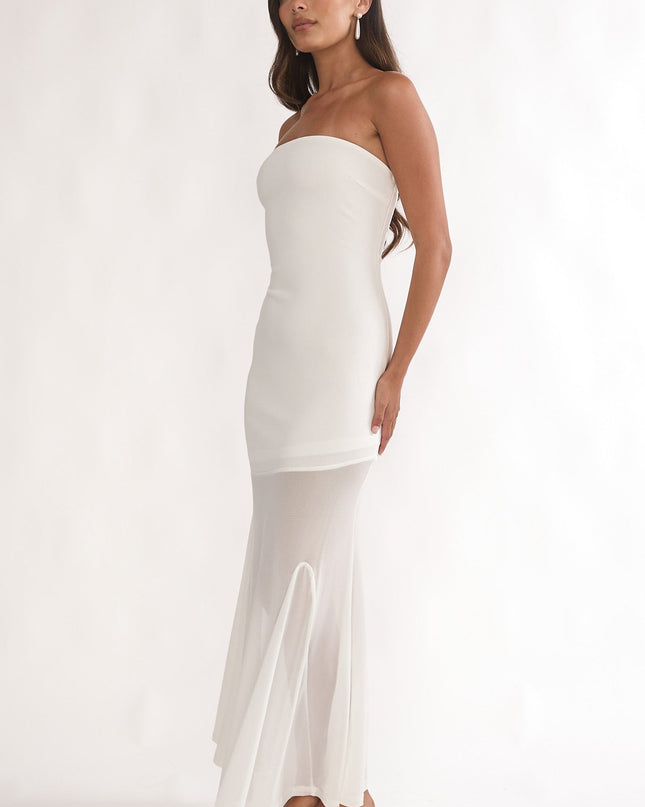 White Strapless Sheer Godet Hem Maxi Dress