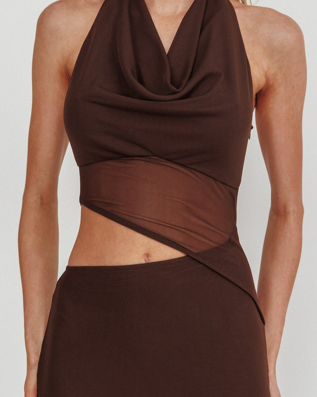 Chocolate Cut-Out Cowl Halter Dress