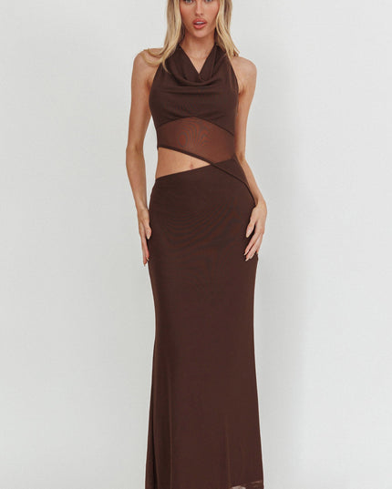 Chocolate Cut-Out Cowl Halter Dress
