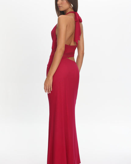 Berry Cut-Out Cowl Halter Dress