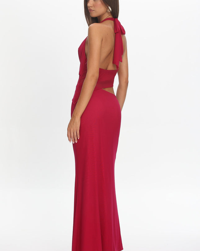 Berry Cut-Out Cowl Halter Dress