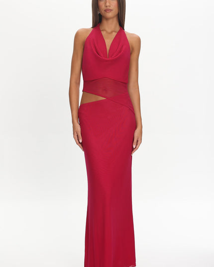 Berry Cut-Out Cowl Halter Dress