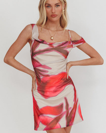 Beige Asymmetric Neckline Mini Dress Print