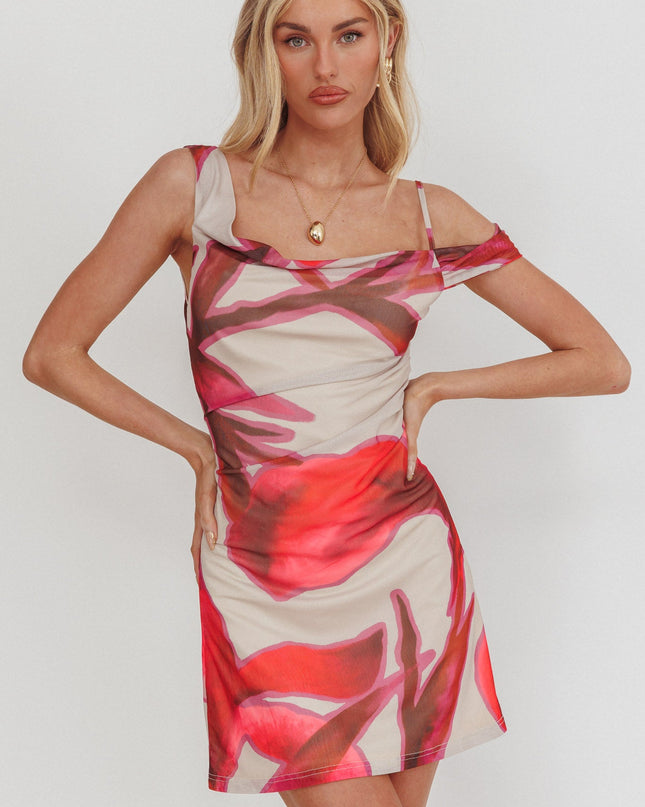 Beige Asymmetric Neckline Mini Dress Print
