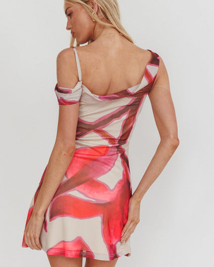 Beige Asymmetric Neckline Mini Dress Print