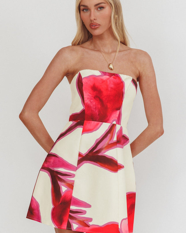 Beige Strapless A-Line Mini Dress Print