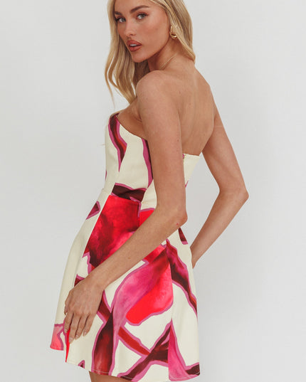 Beige Strapless A-Line Mini Dress Print