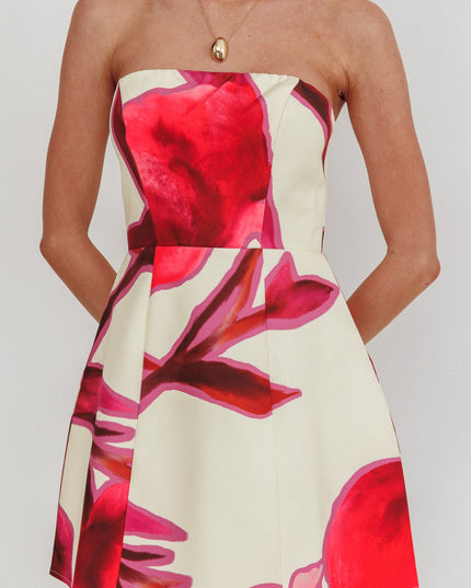 Beige Strapless A-Line Mini Dress Print