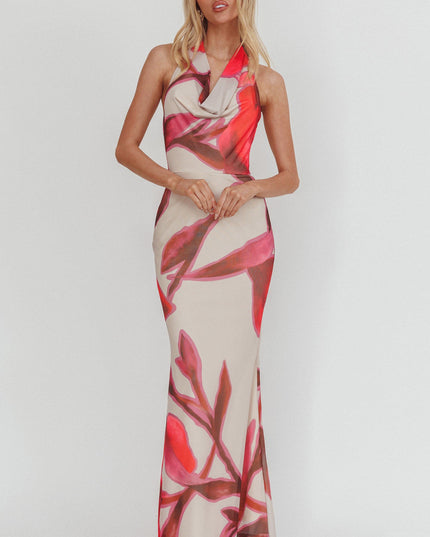 Beige Cowl Halterneck Maxi Dress Print