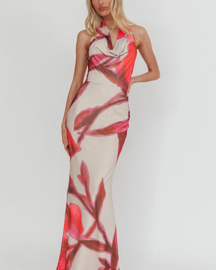 Beige Cowl Halterneck Maxi Dress Print
