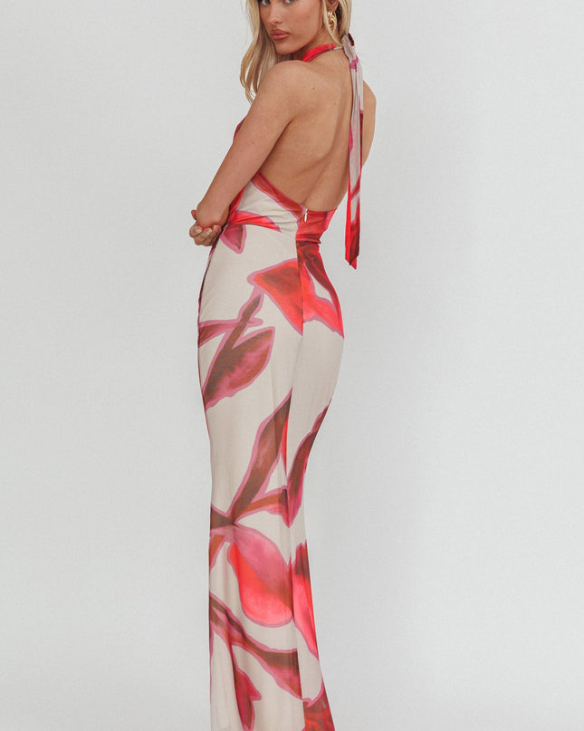 Beige Cowl Halterneck Maxi Dress Print