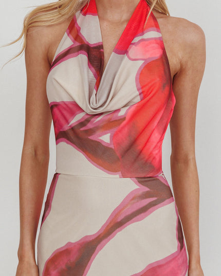 Beige Cowl Halterneck Maxi Dress Print