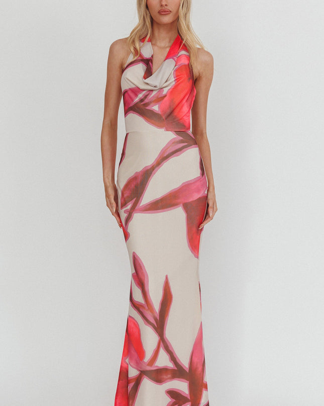 Beige Cowl Halterneck Maxi Dress Print