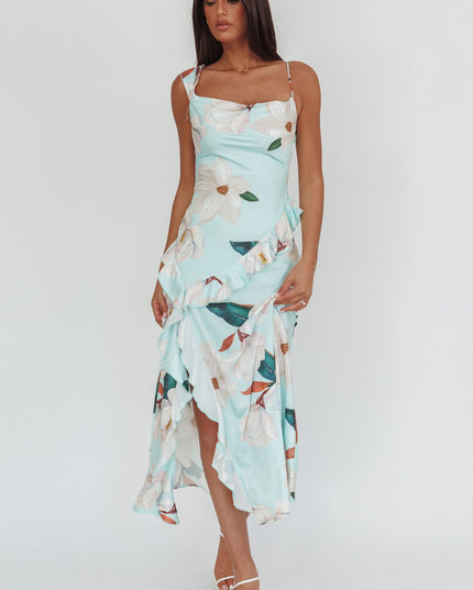 Mint Asymmetric Neckline Ruffle Maxi Dress Floral