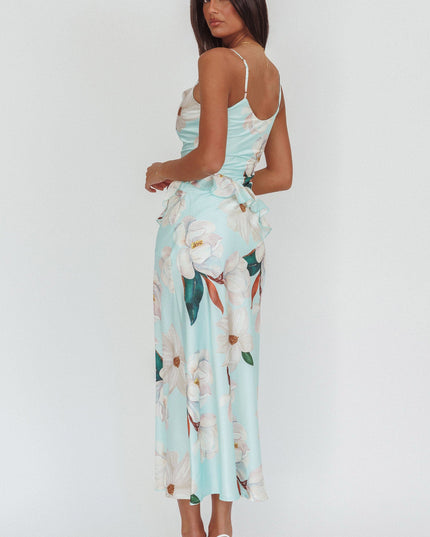 Mint Asymmetric Neckline Ruffle Maxi Dress Floral
