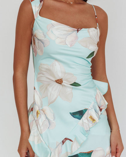 Mint Asymmetric Neckline Ruffle Maxi Dress Floral