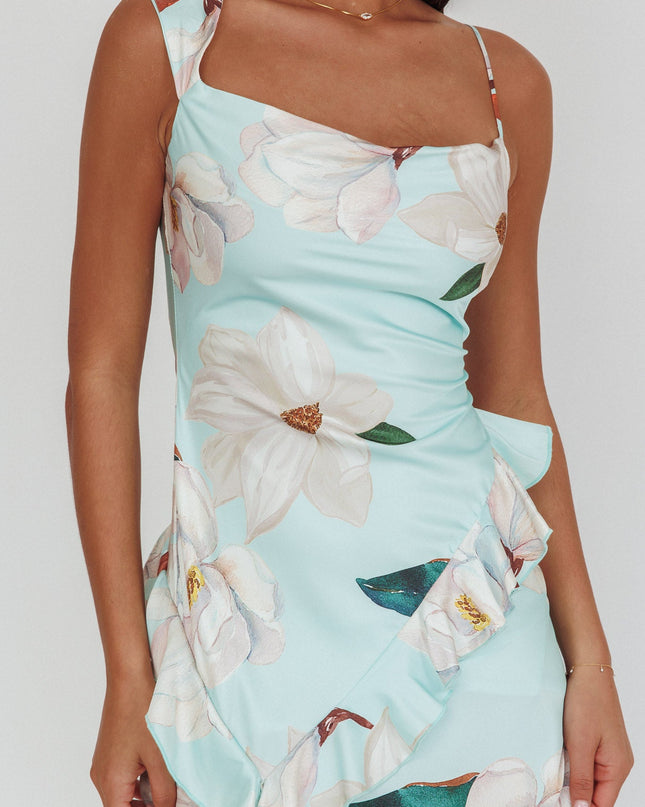 Mint Asymmetric Neckline Ruffle Maxi Dress Floral