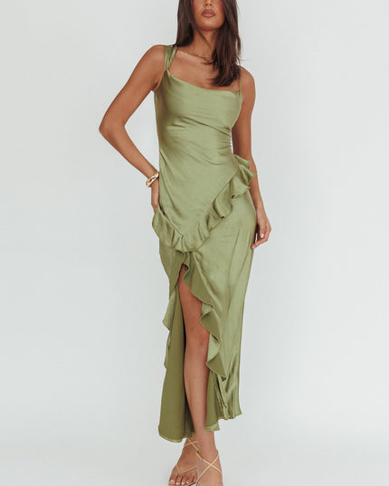 Olive Asymmetric Neckline Ruffle Maxi Dress