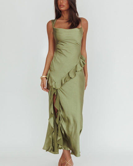 Olive Asymmetric Neckline Ruffle Maxi Dress