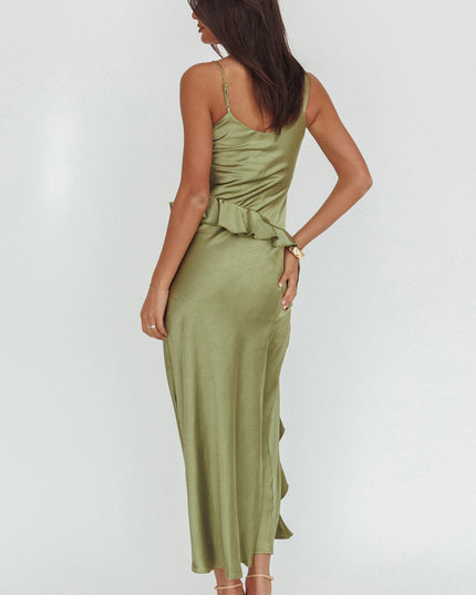 Olive Asymmetric Neckline Ruffle Maxi Dress