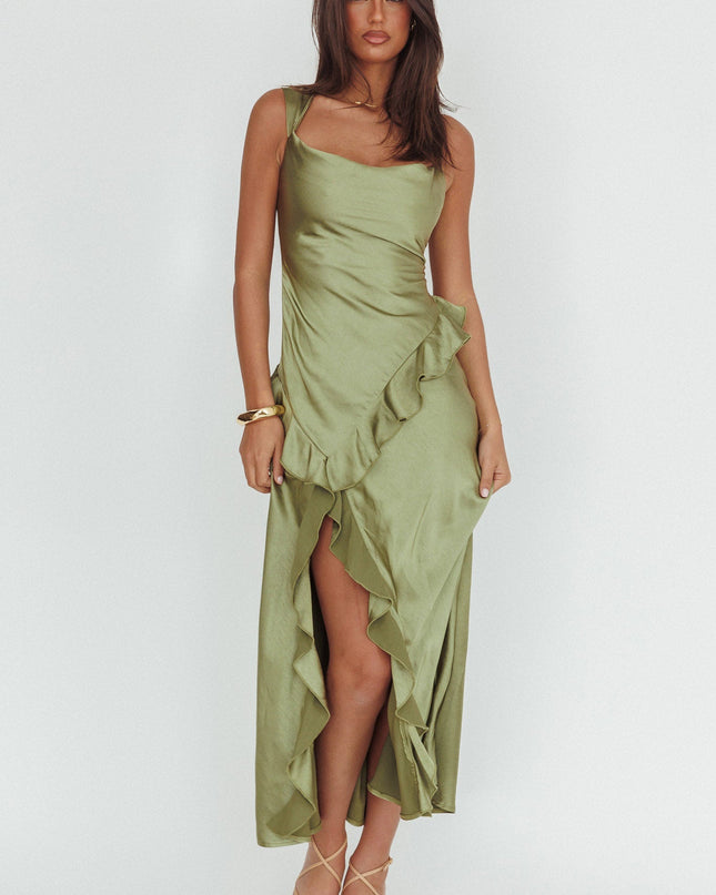 Olive Asymmetric Neckline Ruffle Maxi Dress