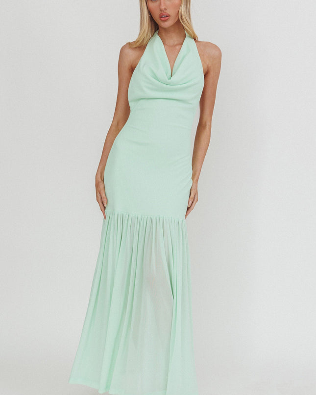 Mint Cowl Neck Sheer Hem Maxi Dress