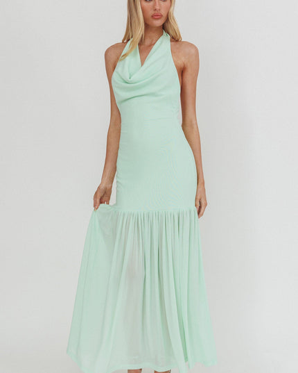 Mint Cowl Neck Sheer Hem Maxi Dress