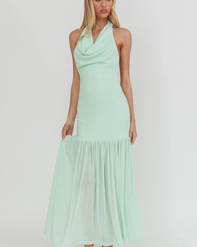 Mint Cowl Neck Sheer Hem Maxi Dress