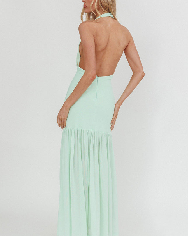 Mint Cowl Neck Sheer Hem Maxi Dress