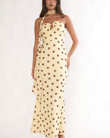Yellow Strapless Scarf Maxi Dress Spotted