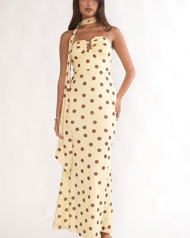 Yellow Strapless Scarf Maxi Dress Spotted