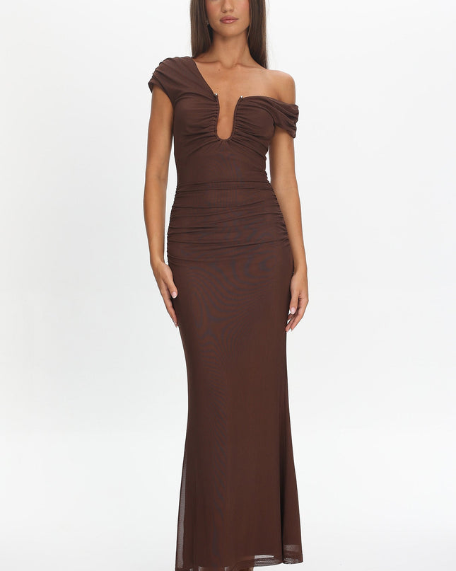 Chocolate Ruched U-Neckline Maxi Dress