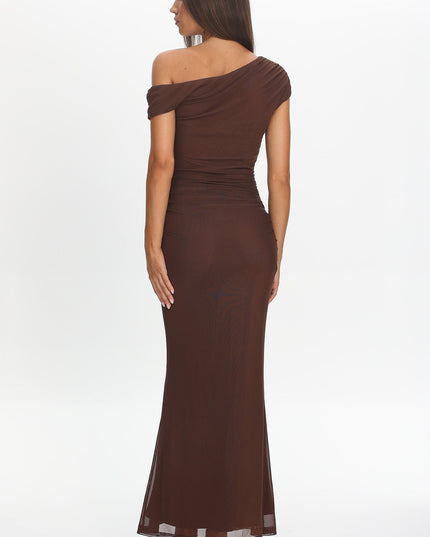 Chocolate Ruched U-Neckline Maxi Dress