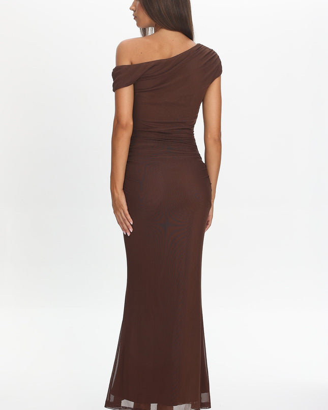 Chocolate Ruched U-Neckline Maxi Dress