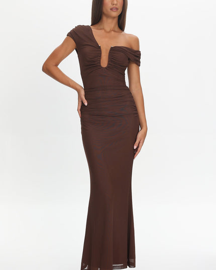 Chocolate Ruched U-Neckline Maxi Dress