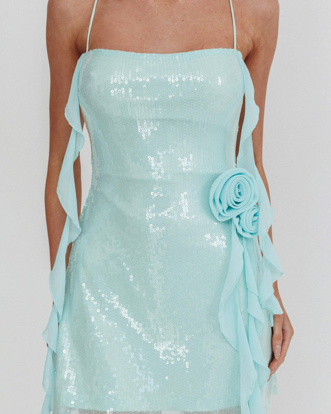 Mint Out Ruffle Rosette Trim Sequin Mini Dress