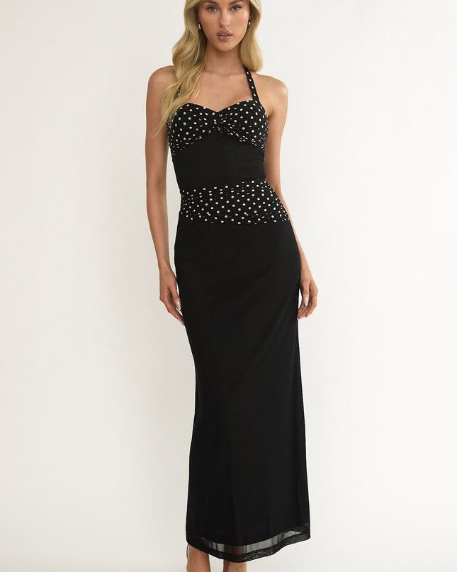 Black Halterneck Ruched Waist Maxi Dress