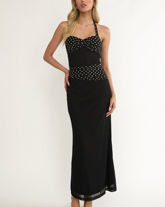 Black Halterneck Ruched Waist Maxi Dress