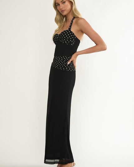 Black Halterneck Ruched Waist Maxi Dress
