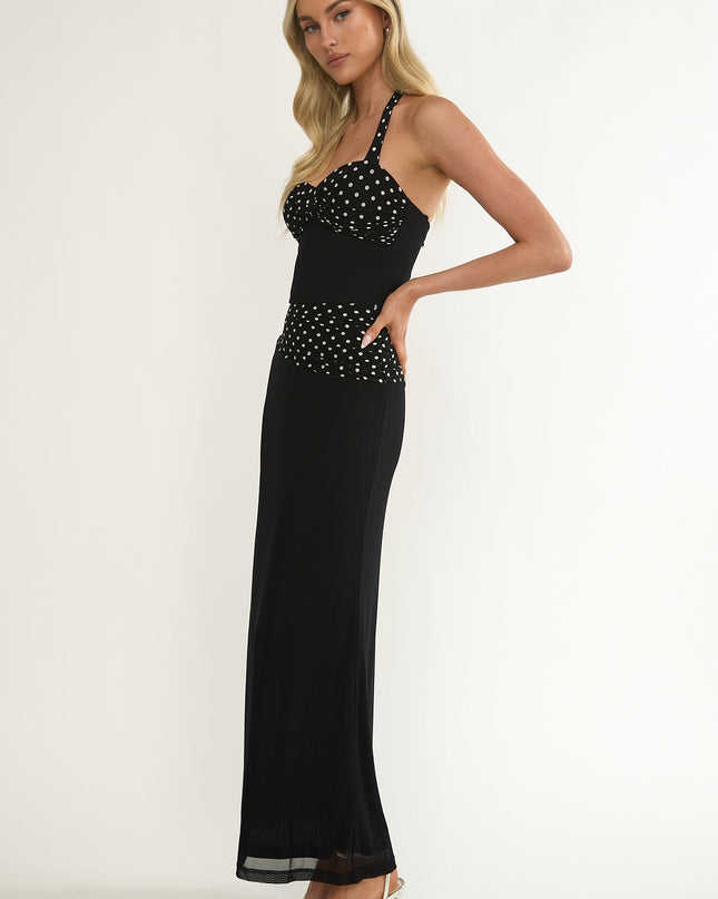 Black Halterneck Ruched Waist Maxi Dress