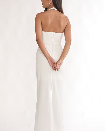 White Asymmetric Halter Maxi Dress