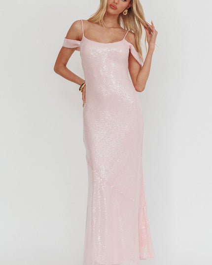 Pink Off-Shoulder Sequin Maxi Dress