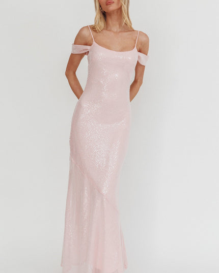 Pink Off-Shoulder Sequin Maxi Dress