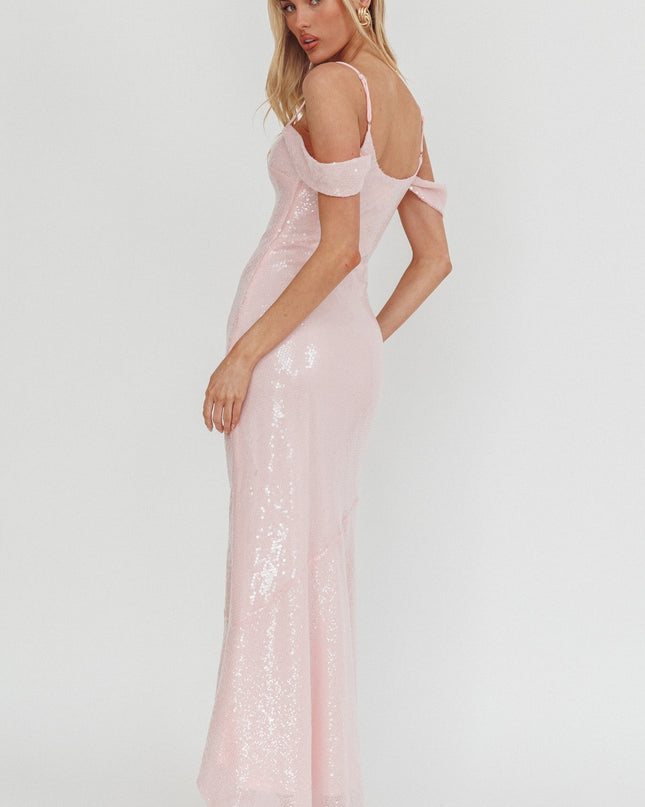 Pink Off-Shoulder Sequin Maxi Dress