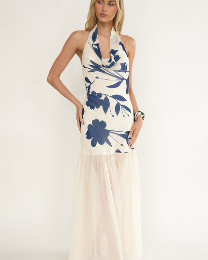 Beige Cowl Halter Maxi Dress Floral