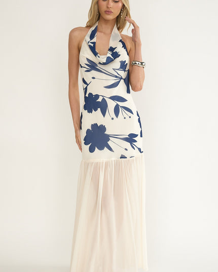 Beige Cowl Halter Maxi Dress Floral
