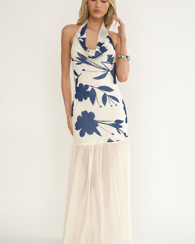 Beige Cowl Halter Maxi Dress Floral